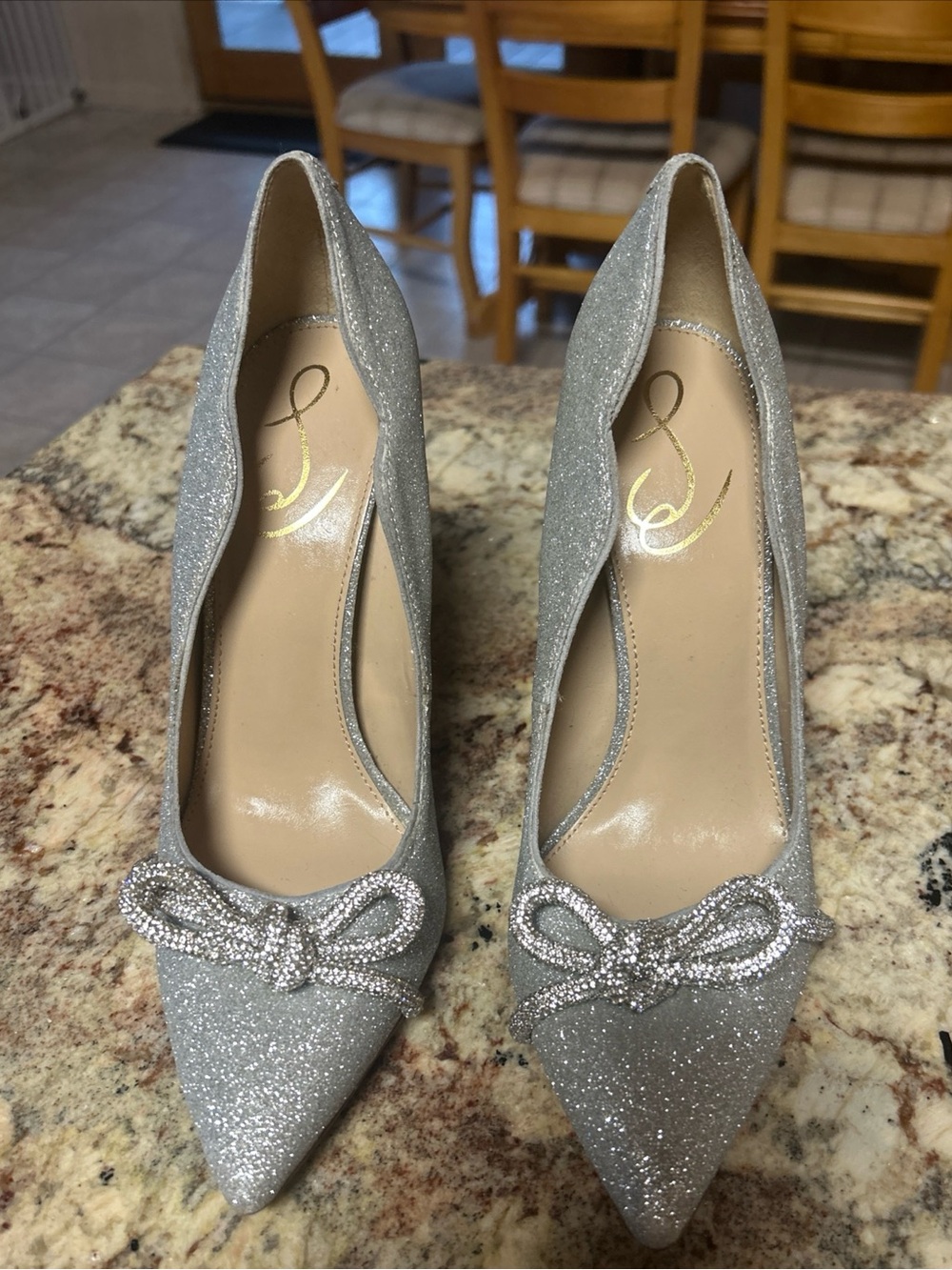 Sam Edelman 8.5 Silver Glitter Pointed Toe,Bow Stiletto Heels- Excellent Clean